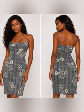 Floral Plaid Bodycon Dress - Gray